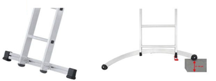 Das Bild zeigt zwei Arten von Leiternstandfüßen, einmal mit Querbalken, einmal mit kegelförmiger Bauweise,