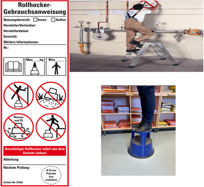 Das Bild zeigt eine Trittleiter sowie einen Tritthocker sowie eine Rollhocker-Gebrauchsanweisung als Piktogramm mit den bereits genannten Verhaltensmaßnahmen.