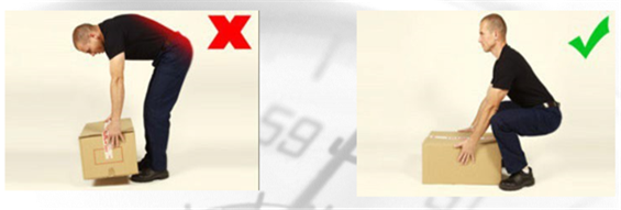 Das Bild zeigt einen Mann, der falsch und richtig ein Paket anhebt.