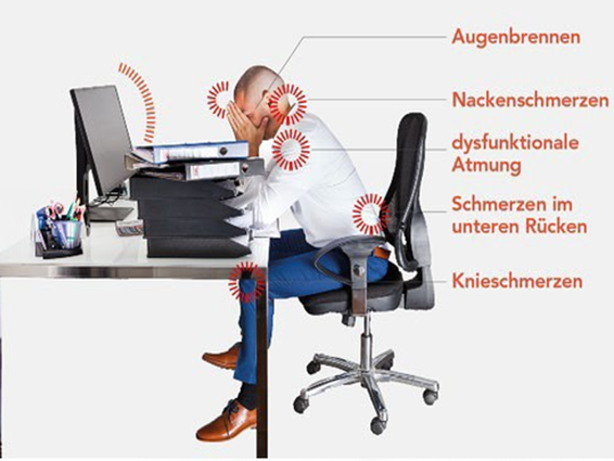 Das Bild zeigt einen Mann sitzenden an seinem Schreibtisch mit oben genannten Schmerzen.