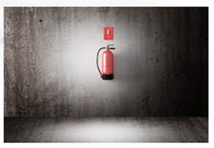 Das Bild zeigt einen Feuerlöscher an einer Wandbefestigung.