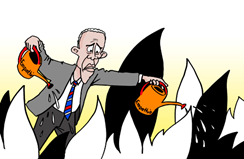 Das Bild zeigt einen Mann, gezeichnet, der mit zwei Gießkannen Flammen löscht.